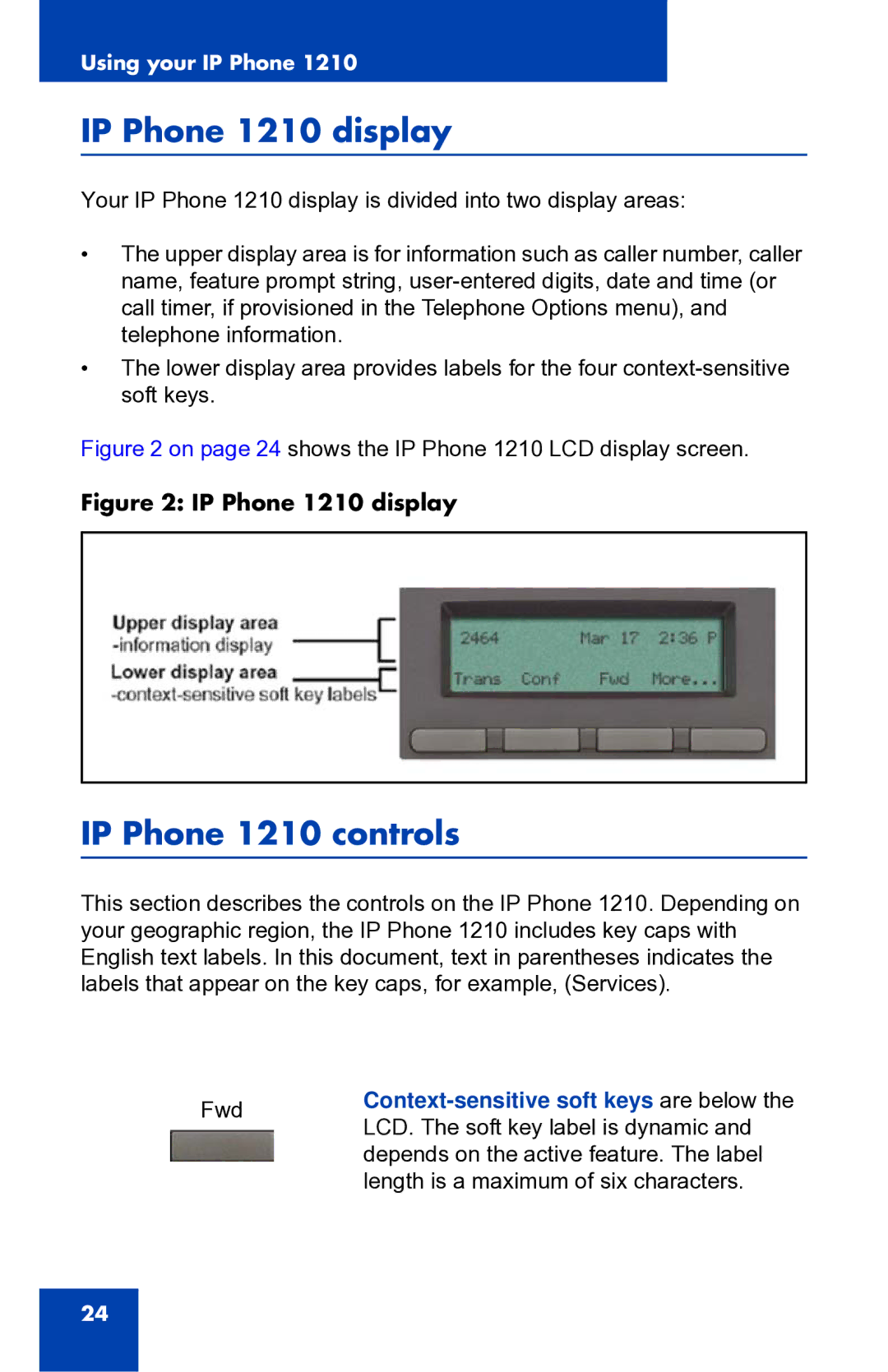 Panasonic manual IP Phone 1210 display, IP Phone 1210 controls, Context-sensitive soft keys are below 