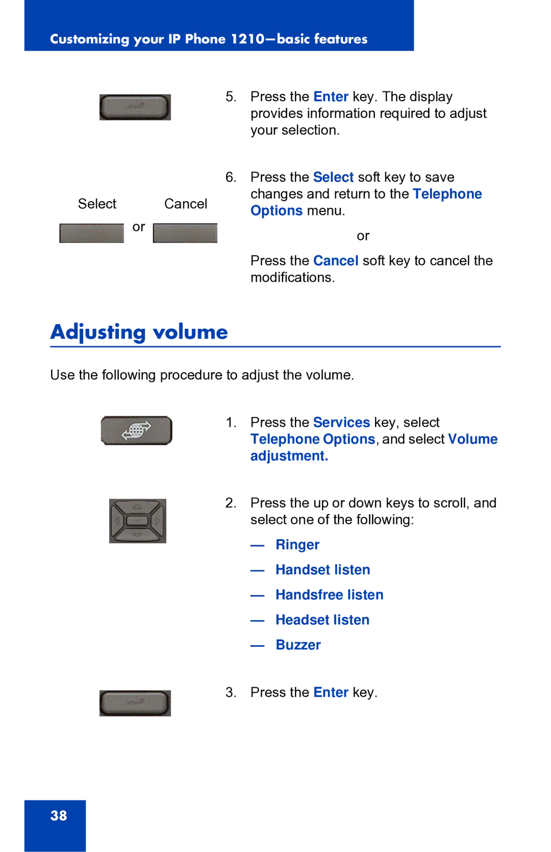 Panasonic 1210 manual Adjusting volume, Options menu 