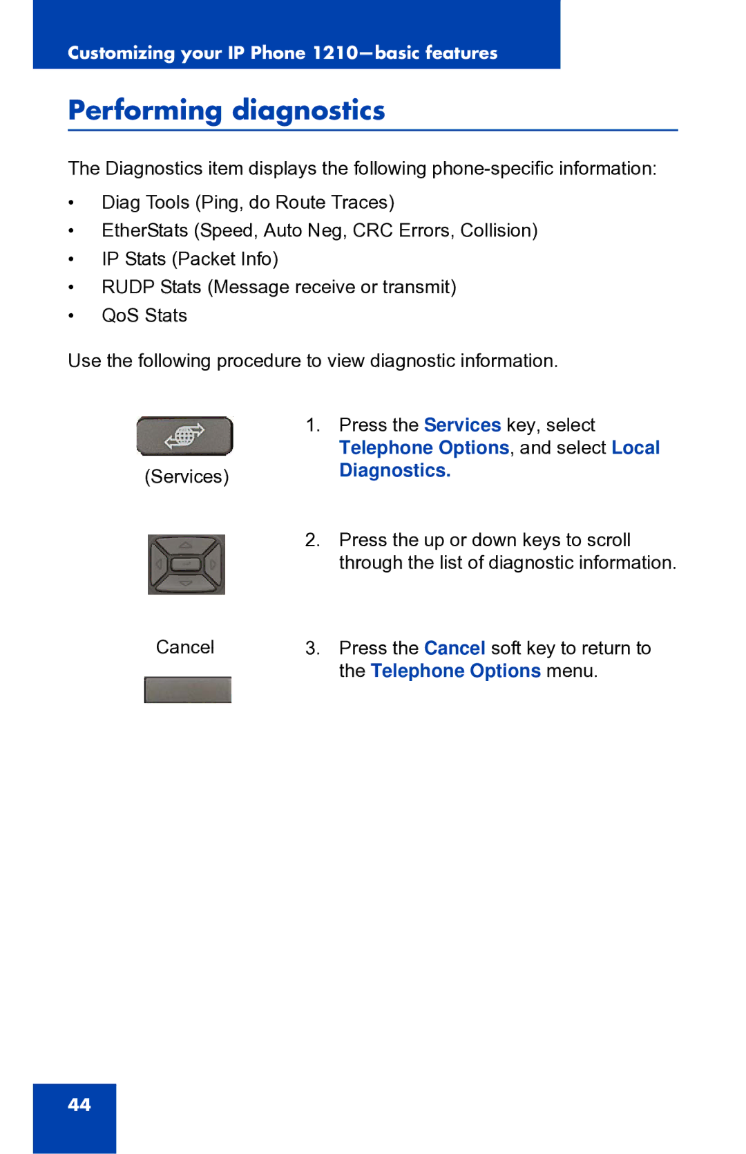 Panasonic 1210 manual Performing diagnostics, ServicesDiagnostics 