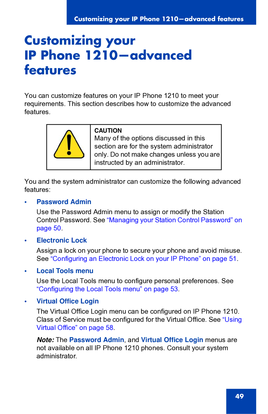 Panasonic manual Customizing your IP Phone 1210-advanced features, Electronic Lock, Local Tools menu 