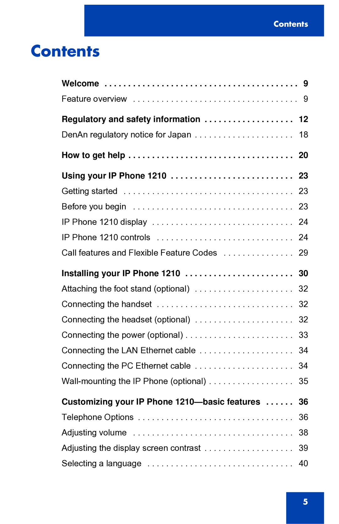 Panasonic 1210 manual Contents 