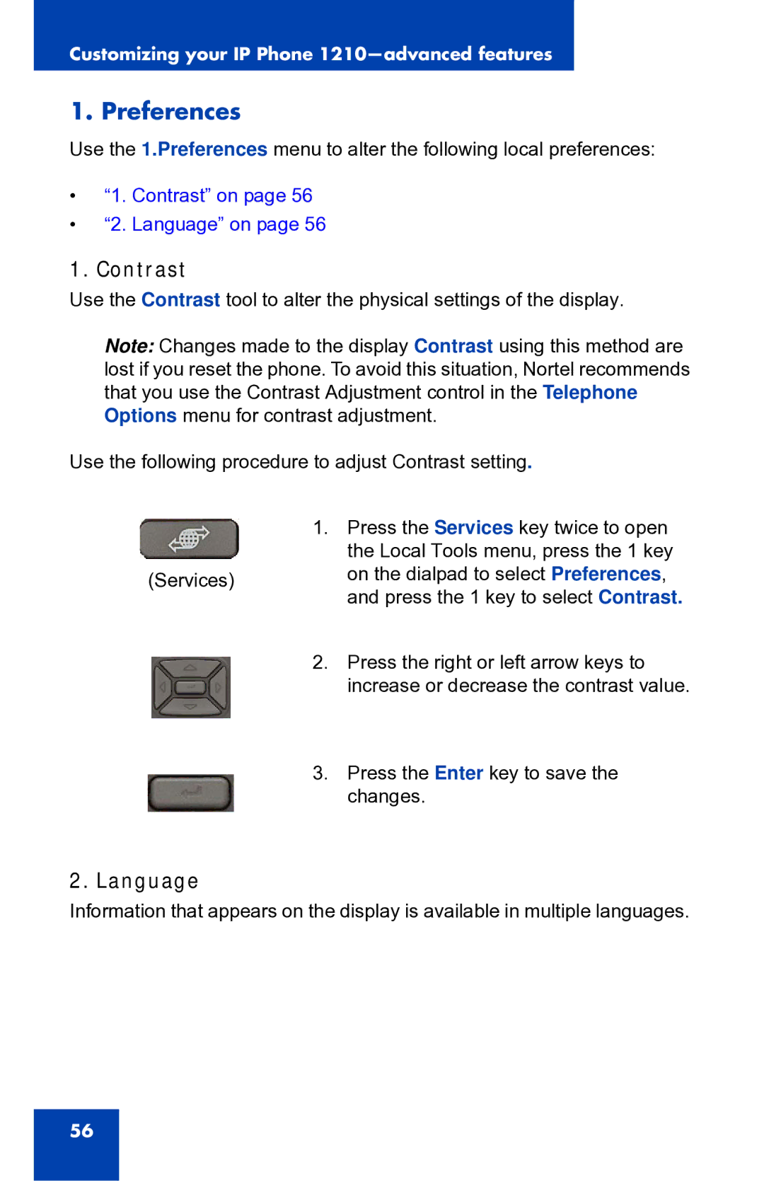 Panasonic 1210 manual Preferences, Contrast, Language 