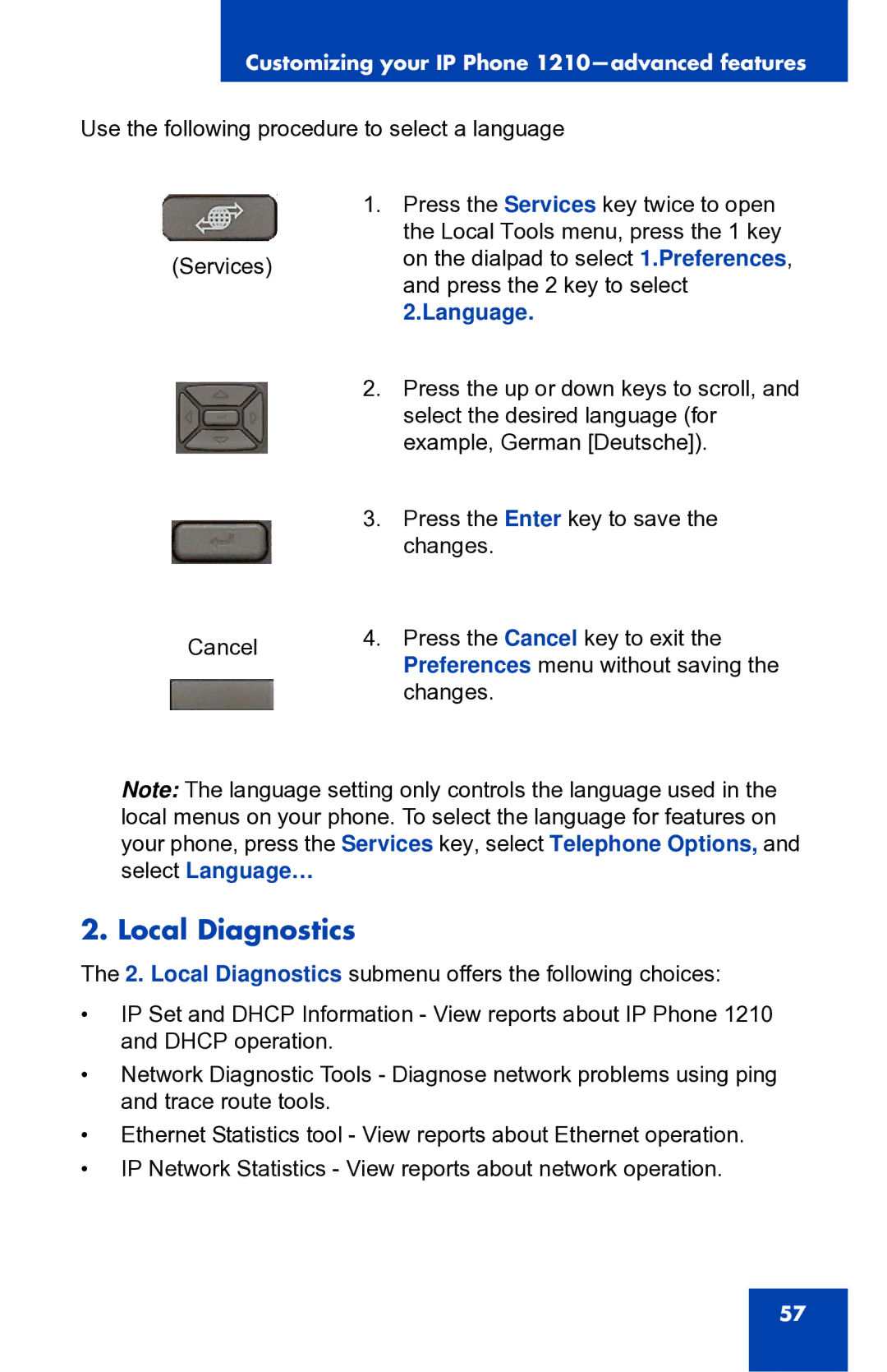 Panasonic 1210 manual Local Diagnostics, Language 