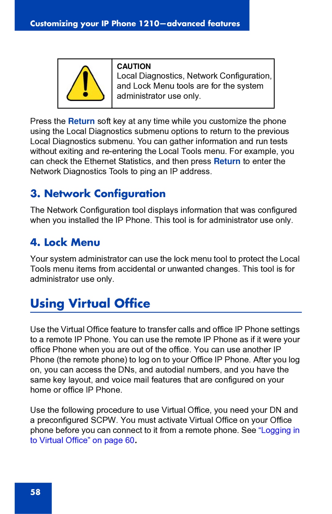 Panasonic 1210 manual Using Virtual Office, Network Configuration, Lock Menu 