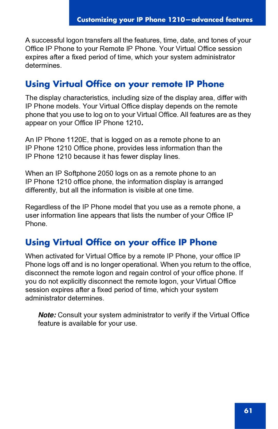 Panasonic 1210 manual Using Virtual Office on your remote IP Phone, Using Virtual Office on your office IP Phone 