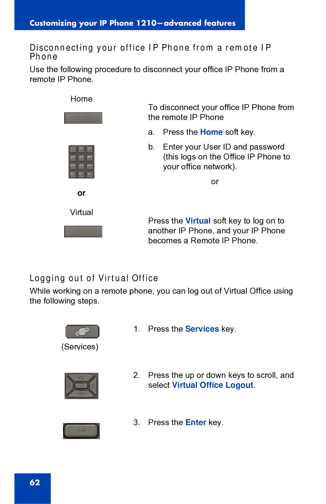 Panasonic 1210 manual Disconnecting your office IP Phone from a remote IP Phone, Logging out of Virtual Office 