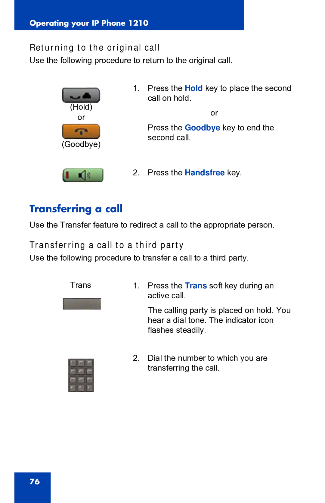 Panasonic 1210 manual Returning to the original call, Transferring a call to a third party 