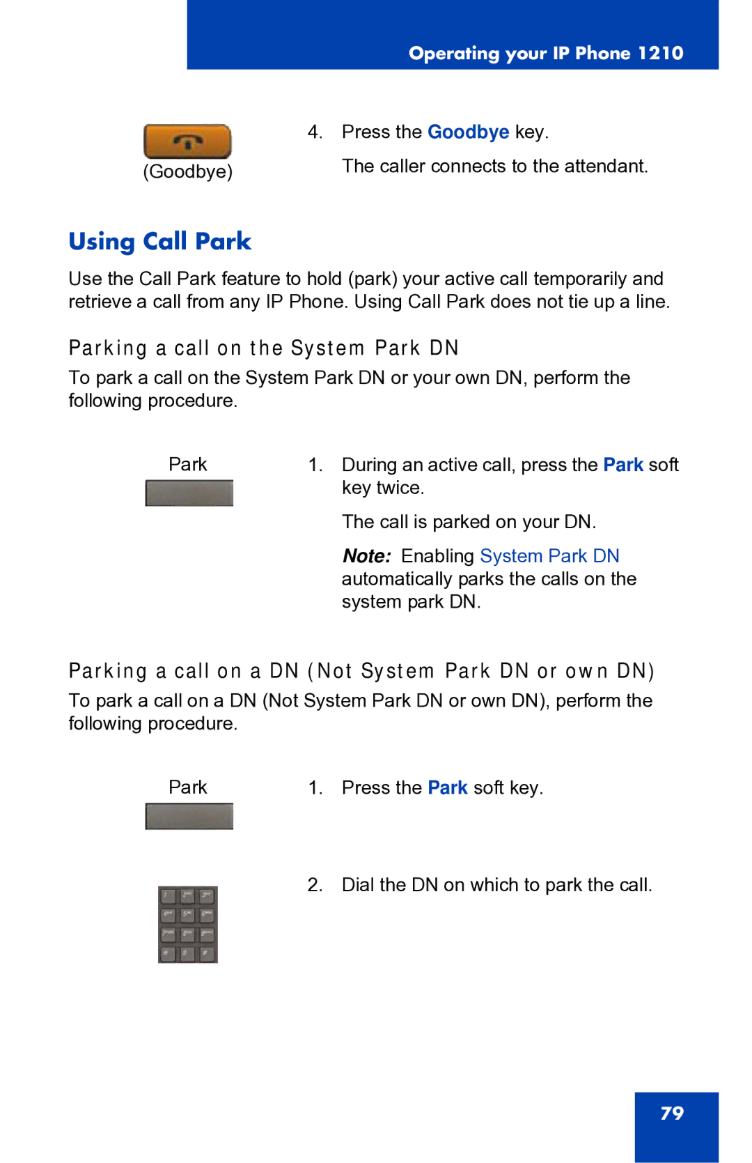 Panasonic 1210 Using Call Park, Parking a call on the System Park DN, Parking a call on a DN Not System Park DN or own DN 