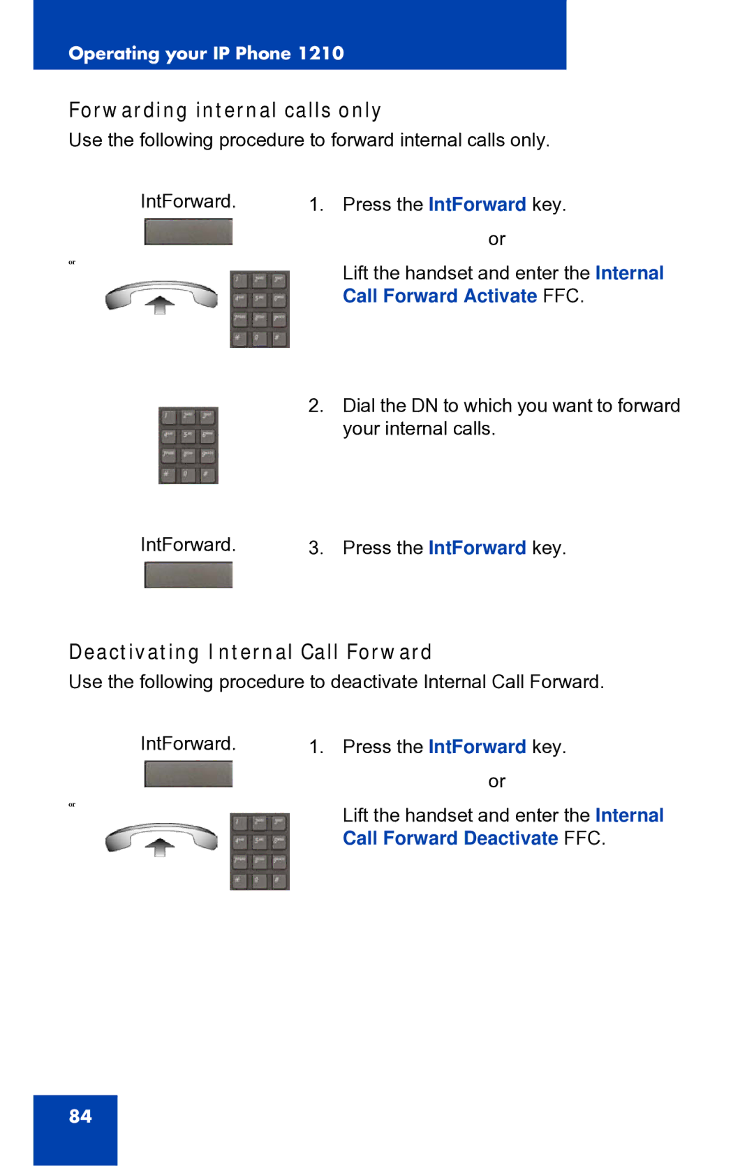 Panasonic 1210 manual Forwarding internal calls only, Deactivating Internal Call Forward, Call Forward Activate FFC 