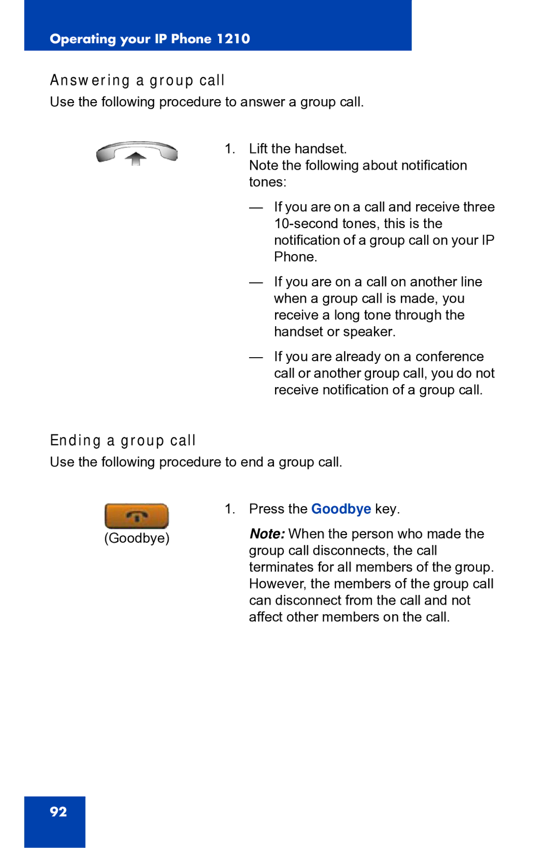 Panasonic 1210 manual Answering a group call, Ending a group call 