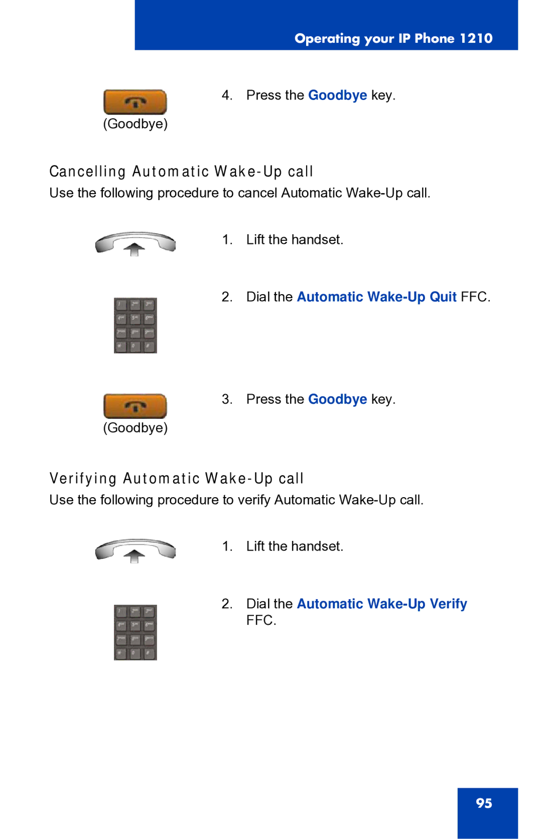 Panasonic 1210 Cancelling Automatic Wake-Up call, Verifying Automatic Wake-Up call, Dial the Automatic Wake-Up Quit FFC 