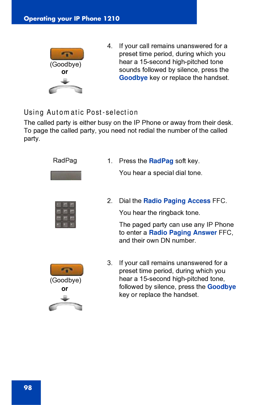 Panasonic 1210 manual Using Automatic Post-selection, To enter a Radio Paging Answer FFC 