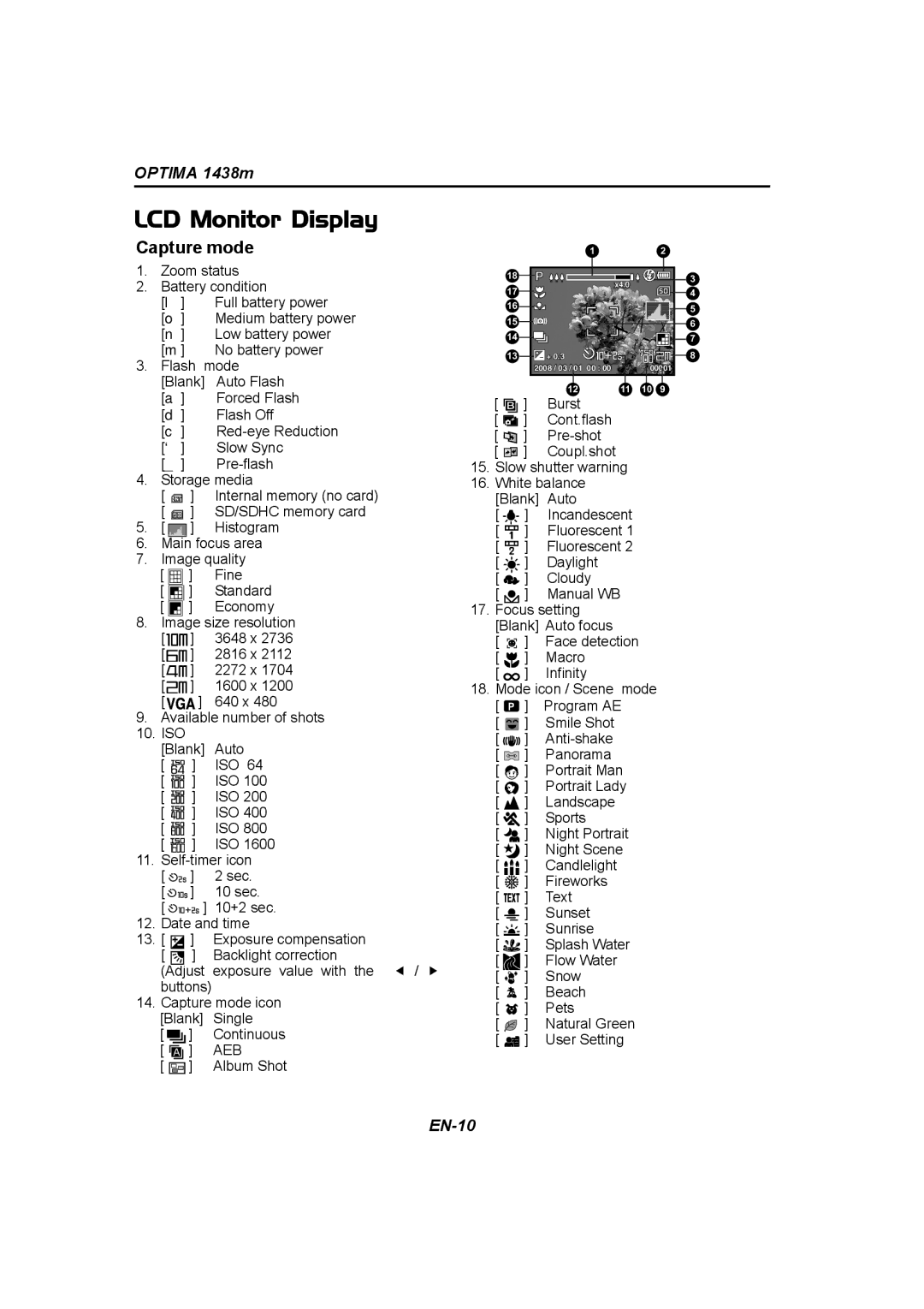 Panasonic 1438M user manual LCD Monitor Display, Capture mode 