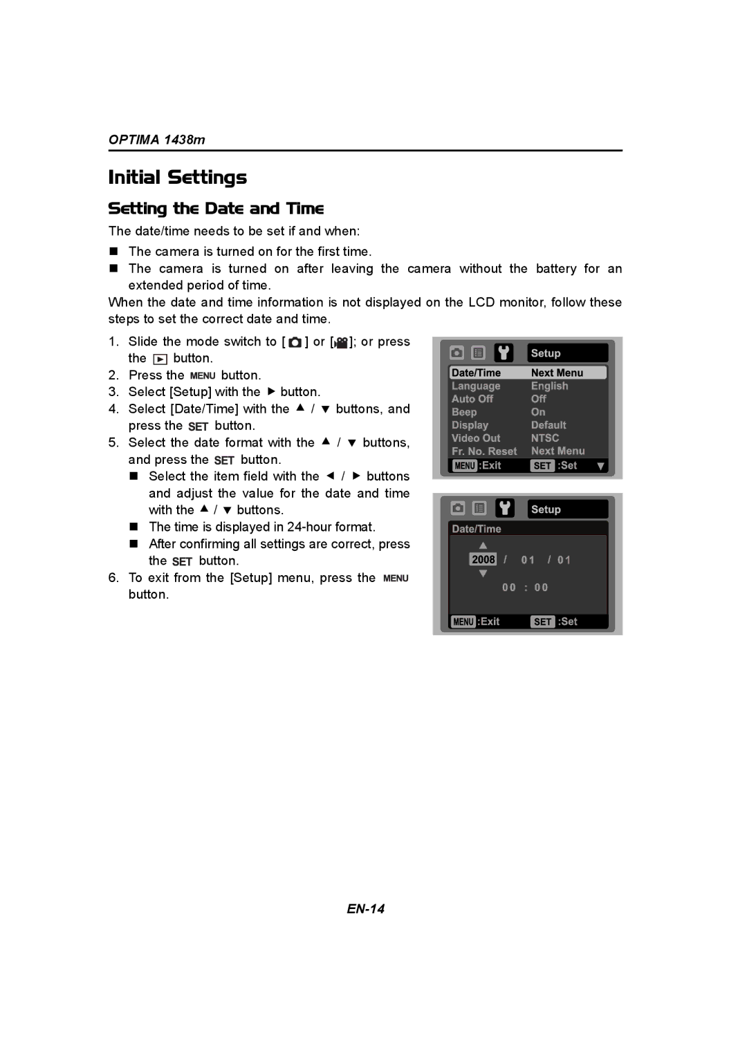 Panasonic 1438M user manual Initial Settings, Setting the Date and Time 