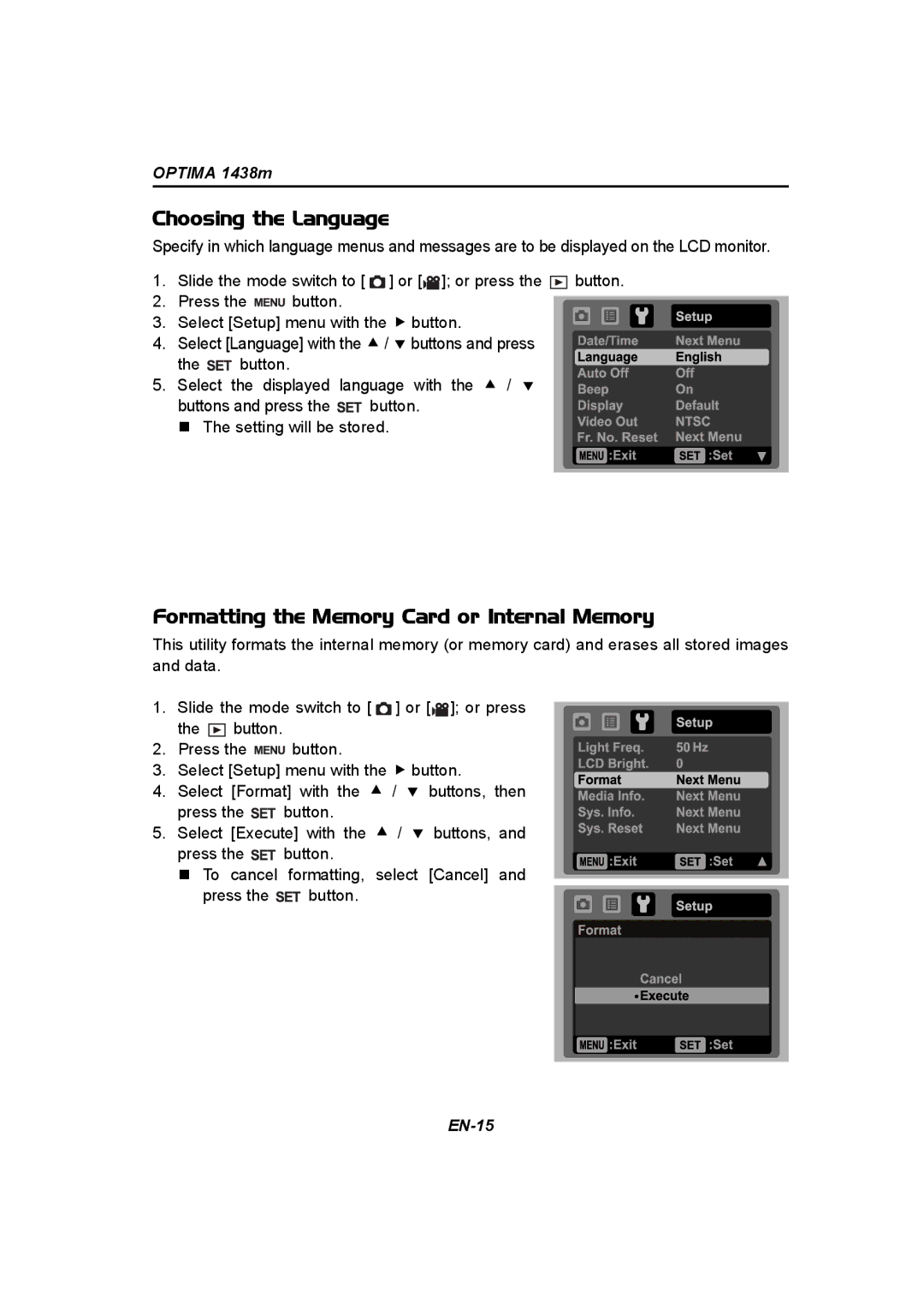 Panasonic 1438M user manual Choosing the Language, Formatting the Memory Card or Internal Memory 