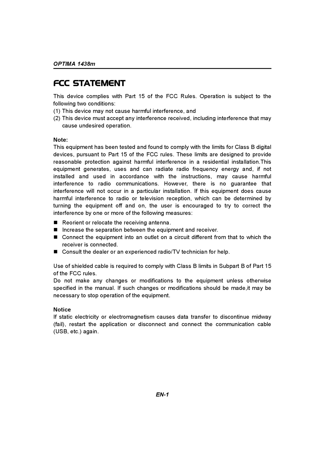 Panasonic 1438M user manual FCC Statement 