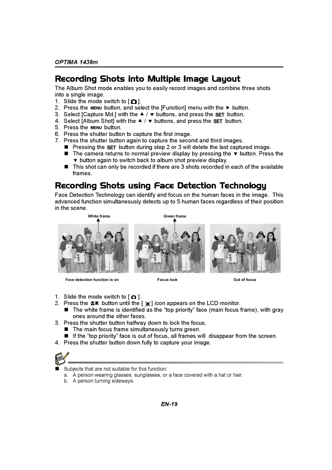 Panasonic 1438M user manual Recording Shots into Multiple Image Layout, Recording Shots using Face Detection Technology 