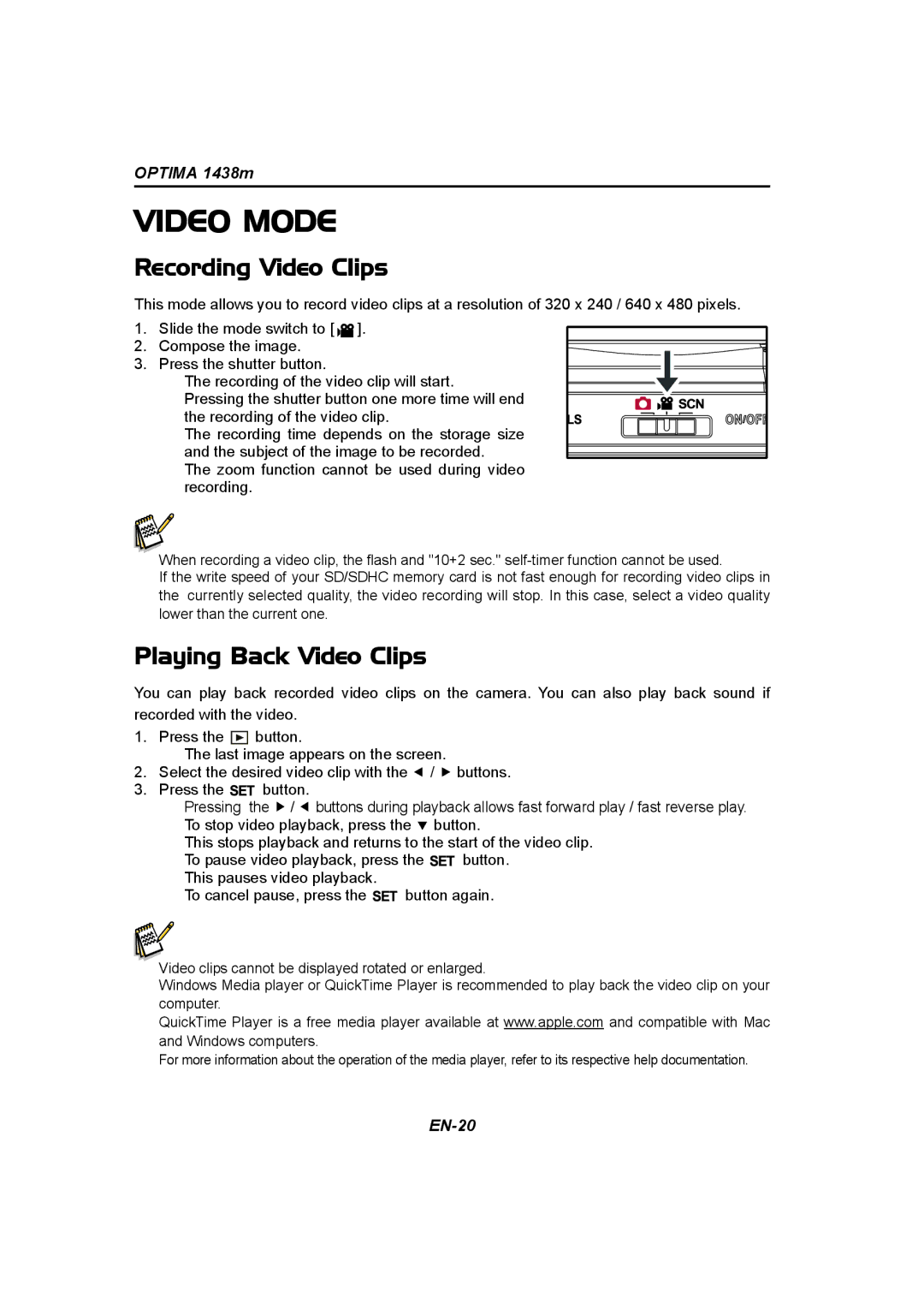 Panasonic 1438M user manual Video Mode, Recording Video Clips, Playing Back Video Clips 