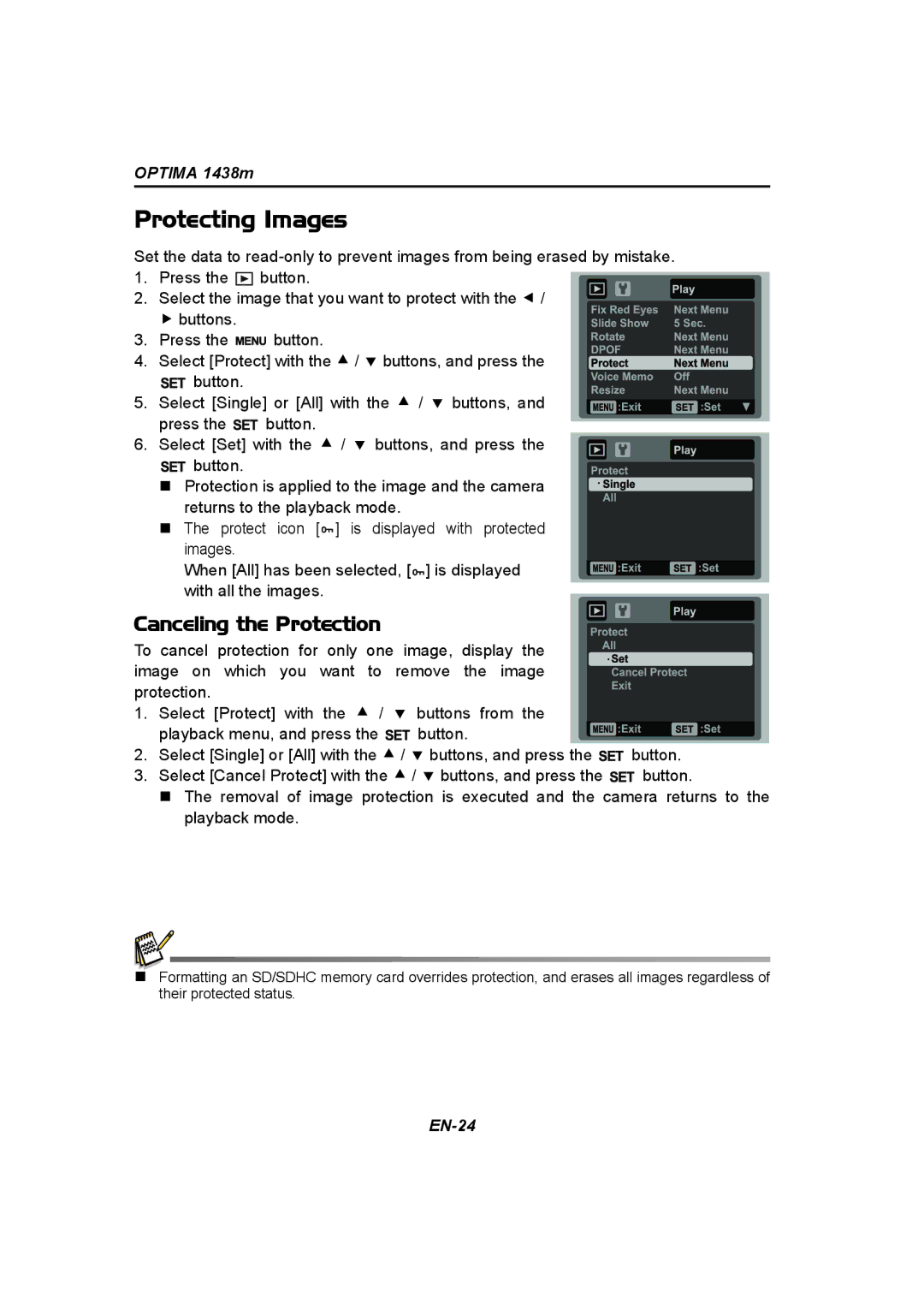 Panasonic 1438M user manual Protecting Images, Canceling the Protection 