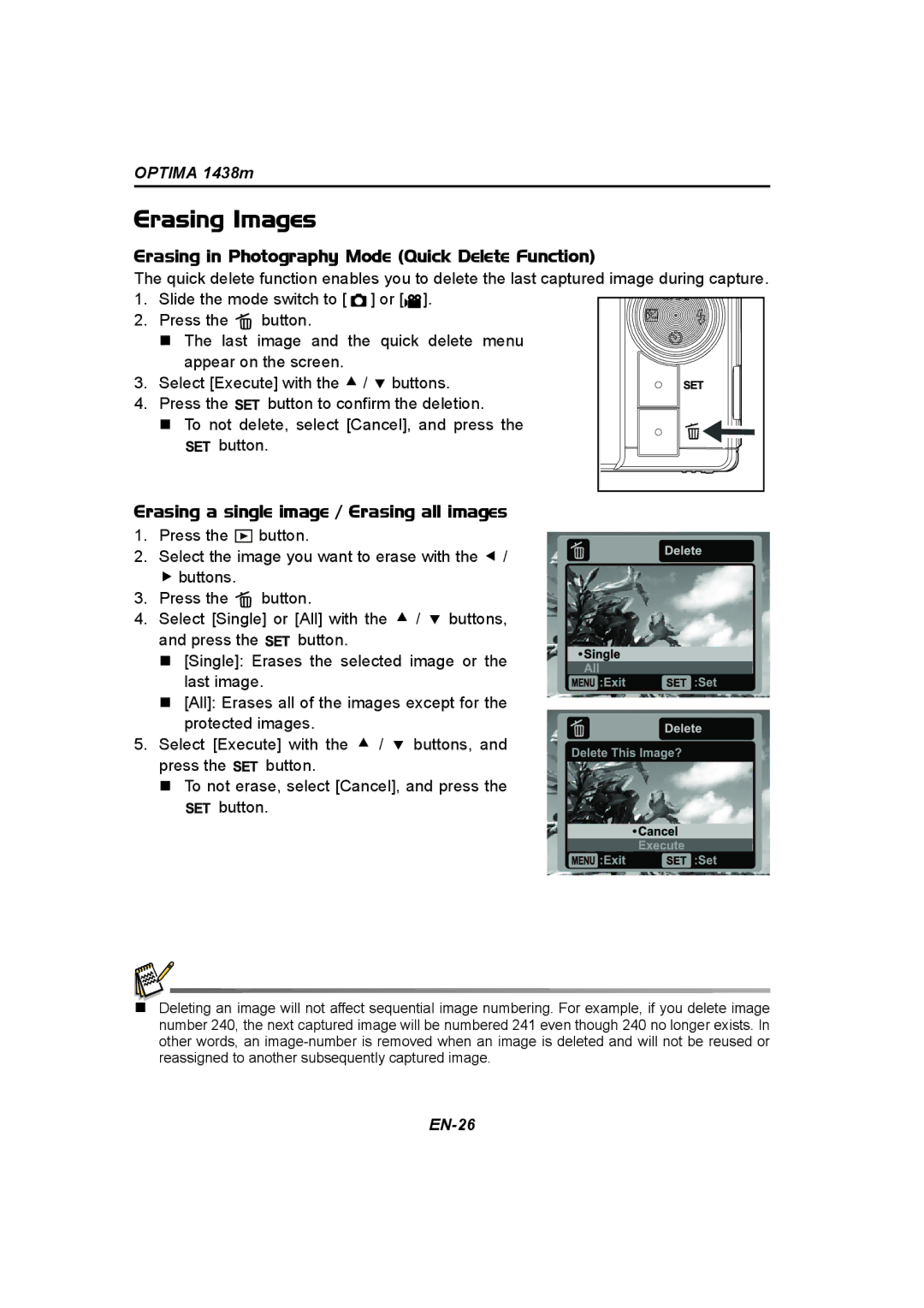 Panasonic 1438M user manual Erasing Images, Erasing in Photography Mode Quick Delete Function 