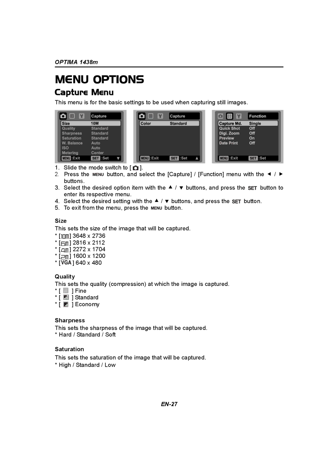 Panasonic 1438M user manual Menu Options, Capture Menu 