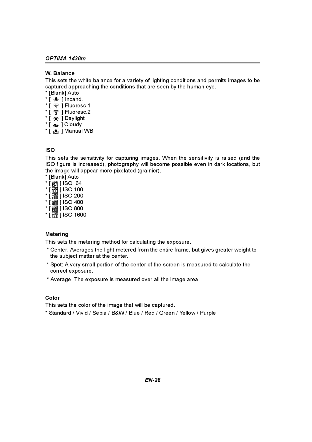 Panasonic 1438M user manual Balance, Metering, Color 