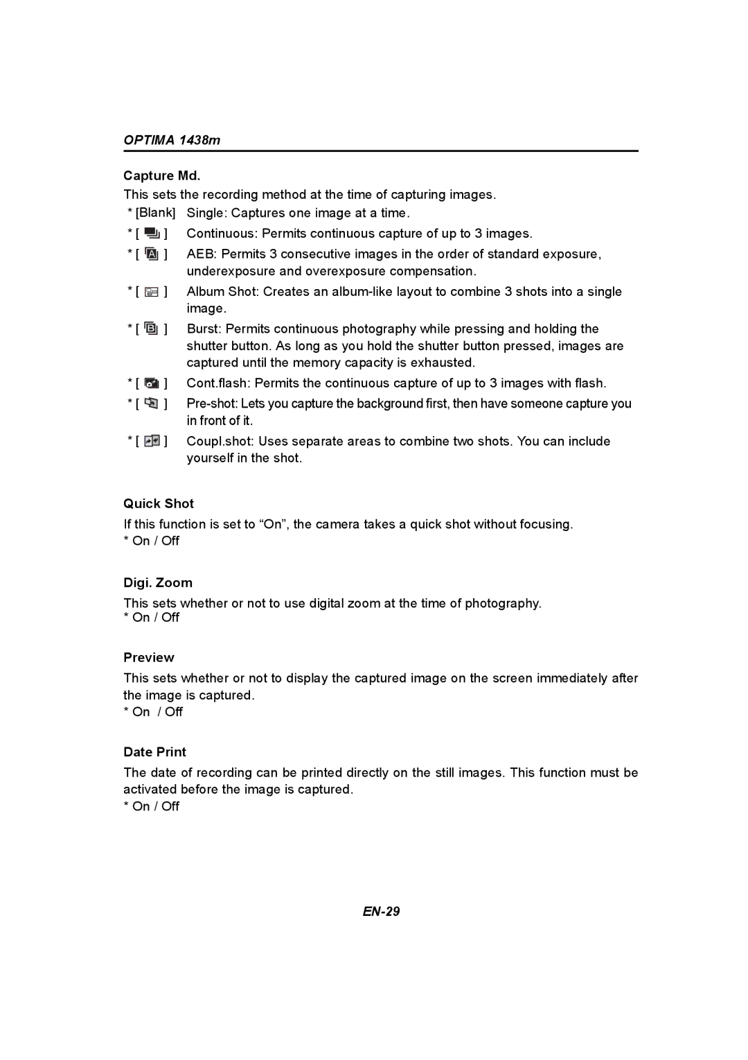 Panasonic 1438M user manual Capture Md, Quick Shot, Digi. Zoom, Preview, Date Print 