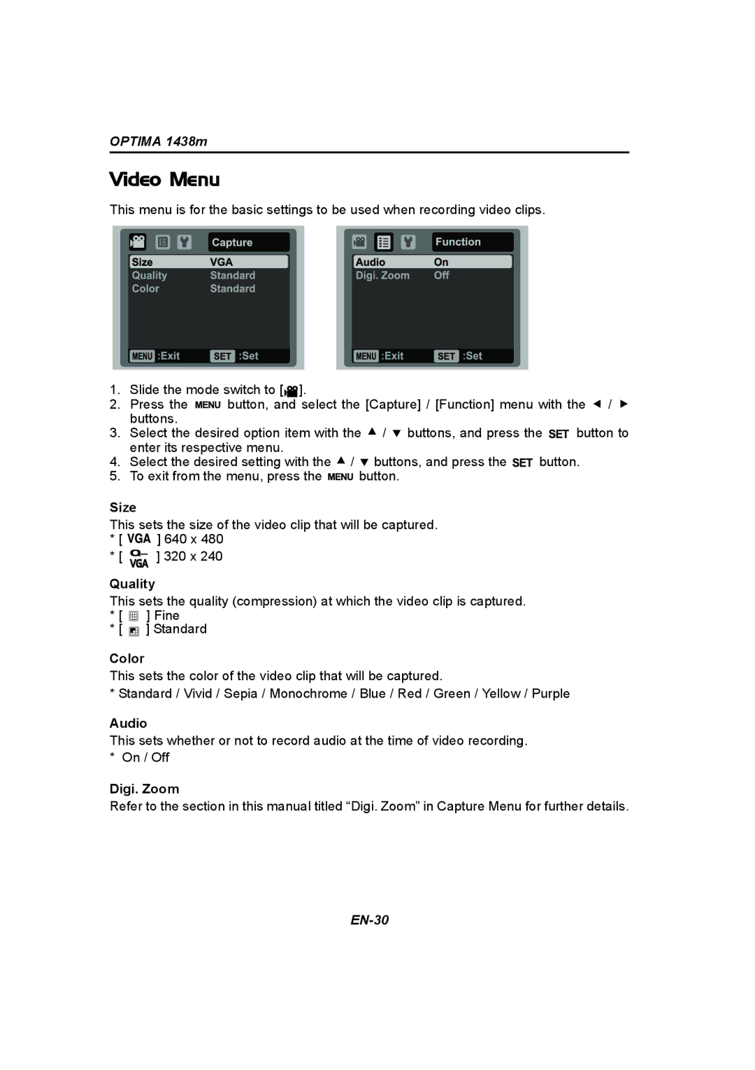 Panasonic 1438M user manual Video Menu, Audio 