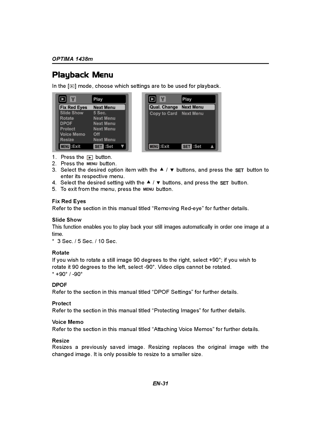 Panasonic 1438M user manual Playback Menu 