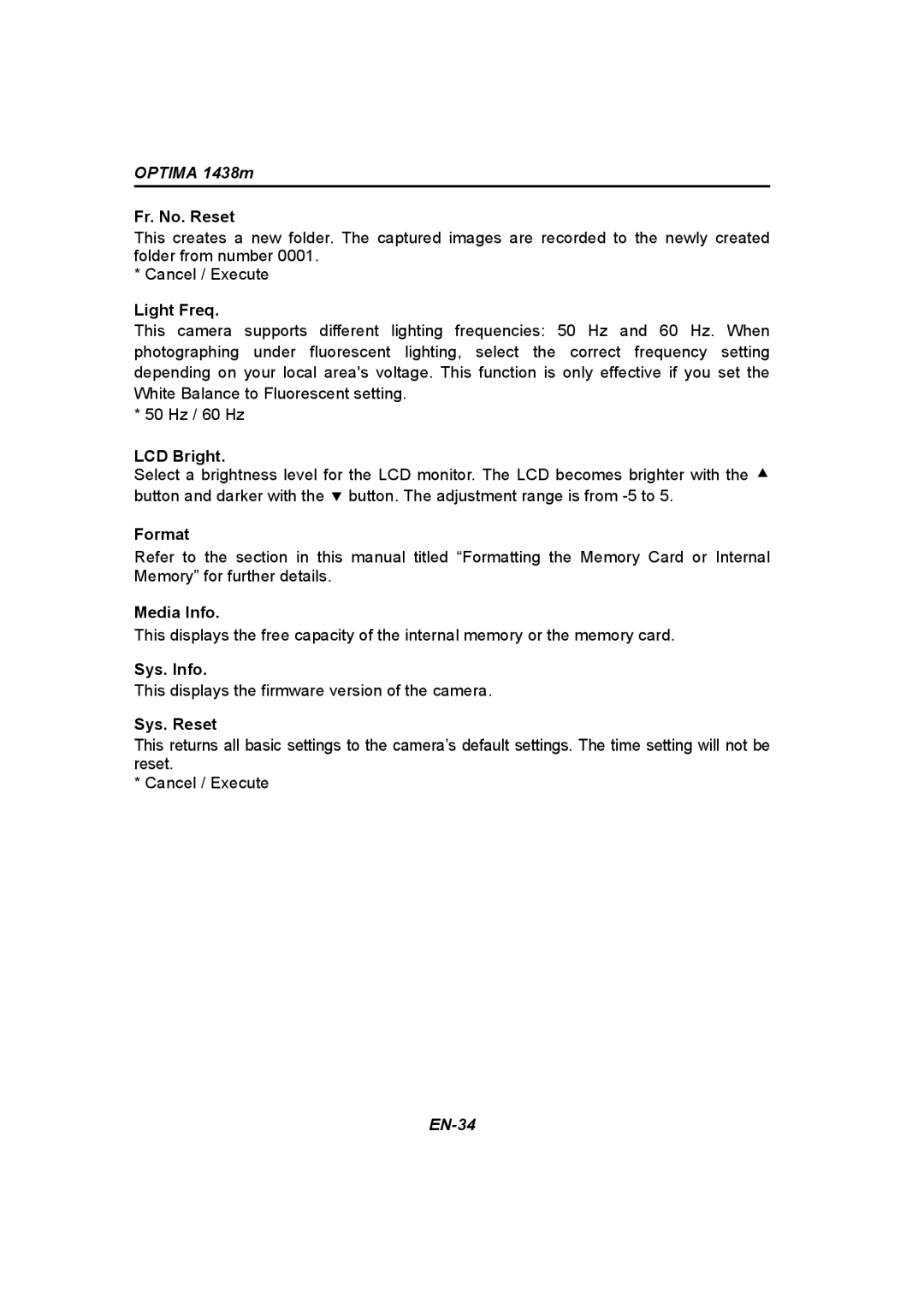 Panasonic 1438M user manual Fr. No. Reset, Light Freq, LCD Bright, Format, Media Info, Sys. Info, Sys. Reset 