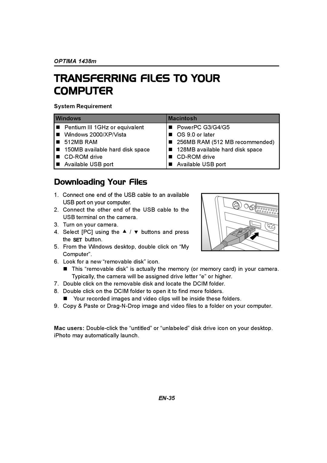 Panasonic 1438M Transferring Files to Your Computer, Downloading Your Files, System Requirement Windows Macintosh 