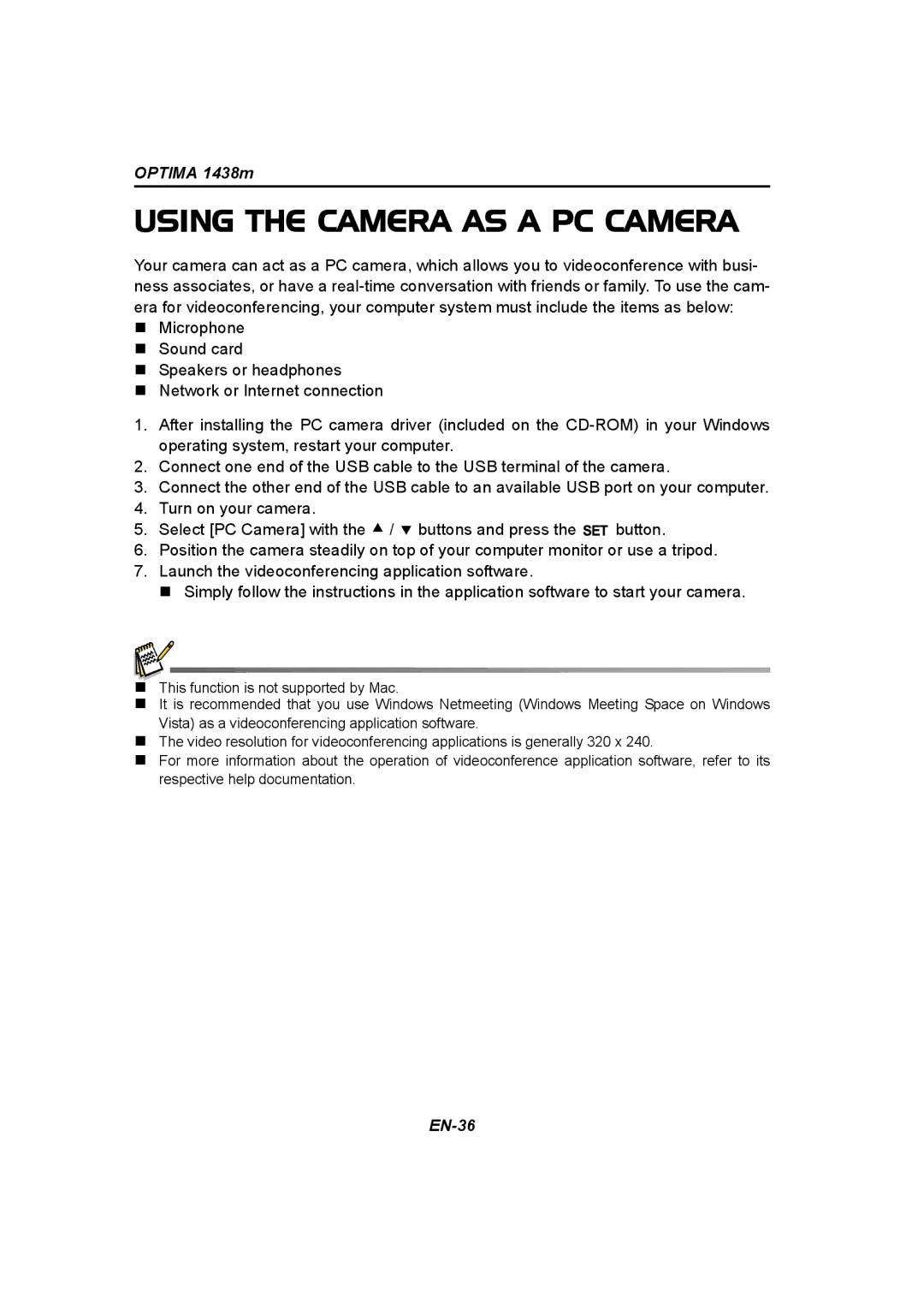 Panasonic 1438M user manual Using the Camera AS a PC Camera 