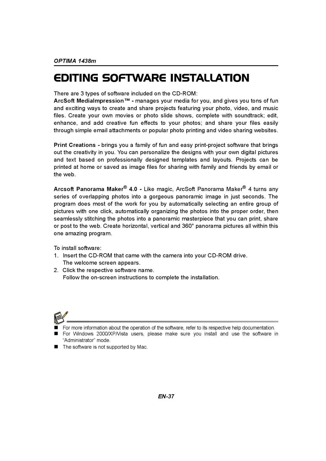 Panasonic 1438M user manual Editing Software Installation, There are 3 types of software included on the CD-ROM 