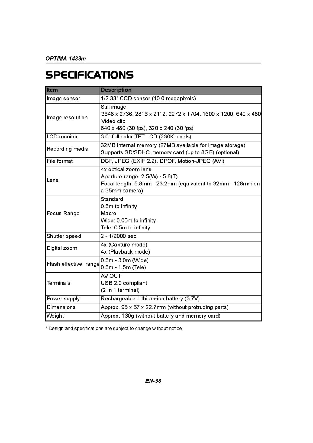 Panasonic 1438M user manual Specifications, Description 