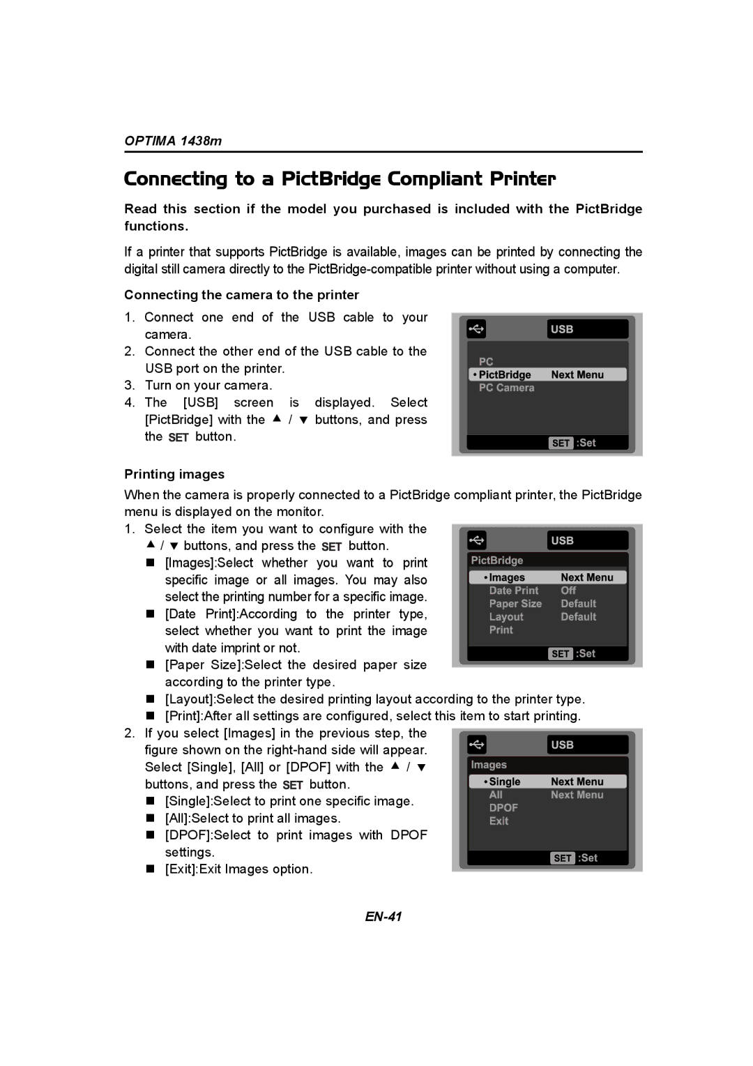 Panasonic 1438M Connecting to a PictBridge Compliant Printer, Connecting the camera to the printer, Printing images 