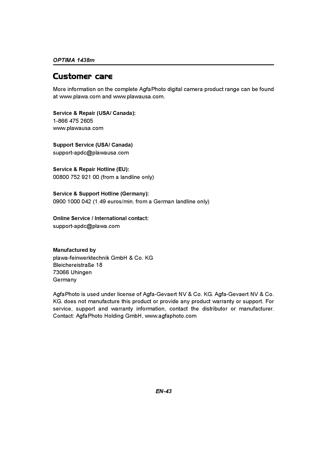 Panasonic 1438M user manual Customer care 