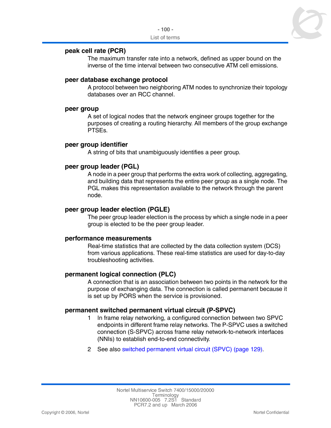 Panasonic 15000 Peak cell rate PCR, Peer database exchange protocol, Peer group identifier, Peer group leader PGL 