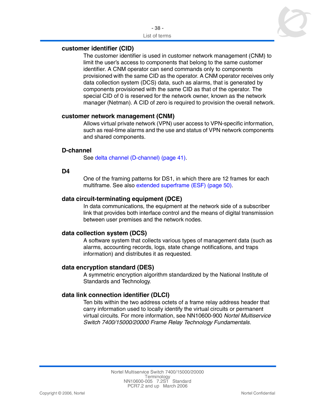 Panasonic 15000 manual Customer identifier CID, Customer network management CNM, Data circuit-terminating equipment DCE 