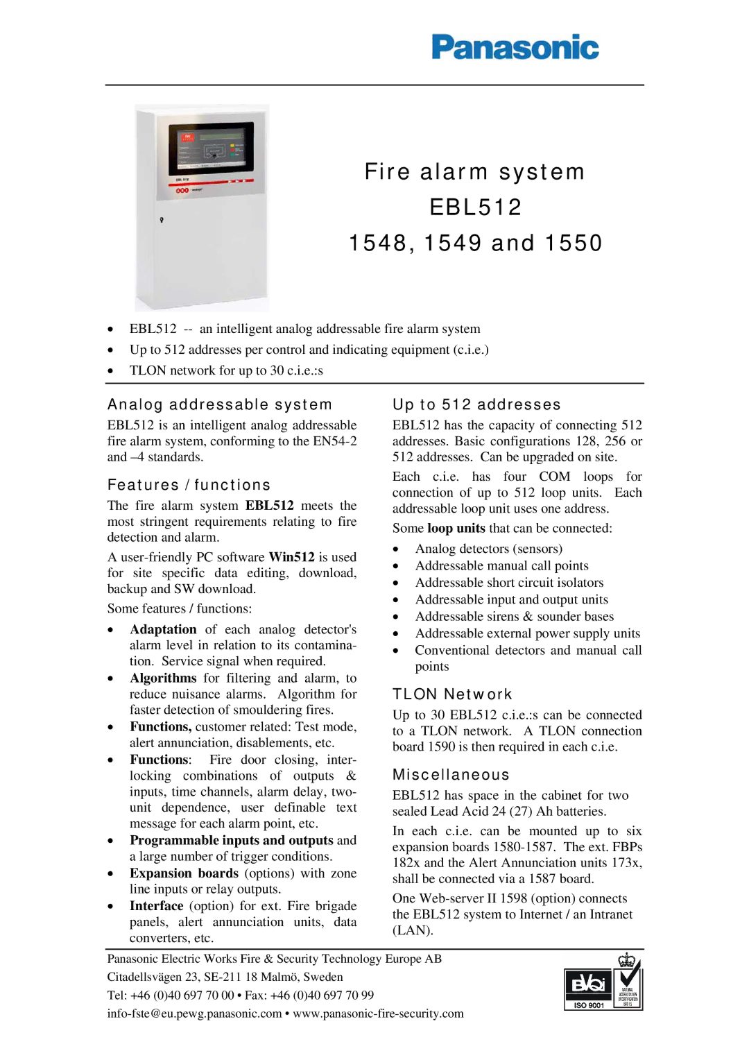 Panasonic 1550 manual Fire alarm system EBL512 1548, 1549 