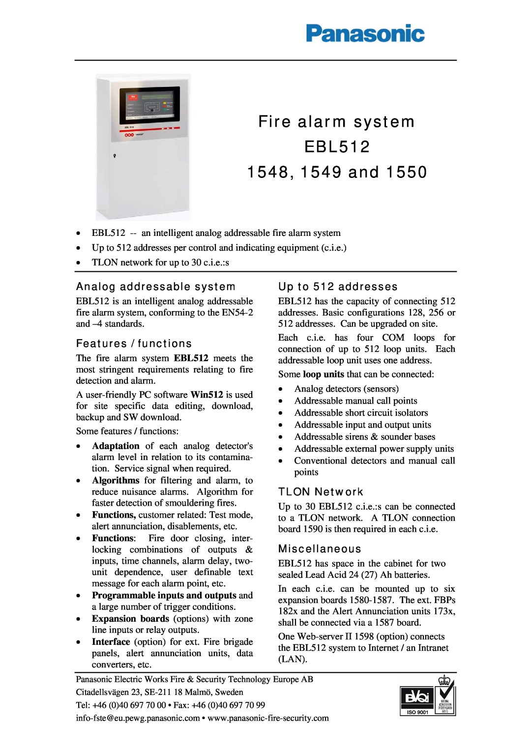 Panasonic 1550 manual Fire alarm system EBL512 1548, 1549 and, Analog addressable system, Features / functions 