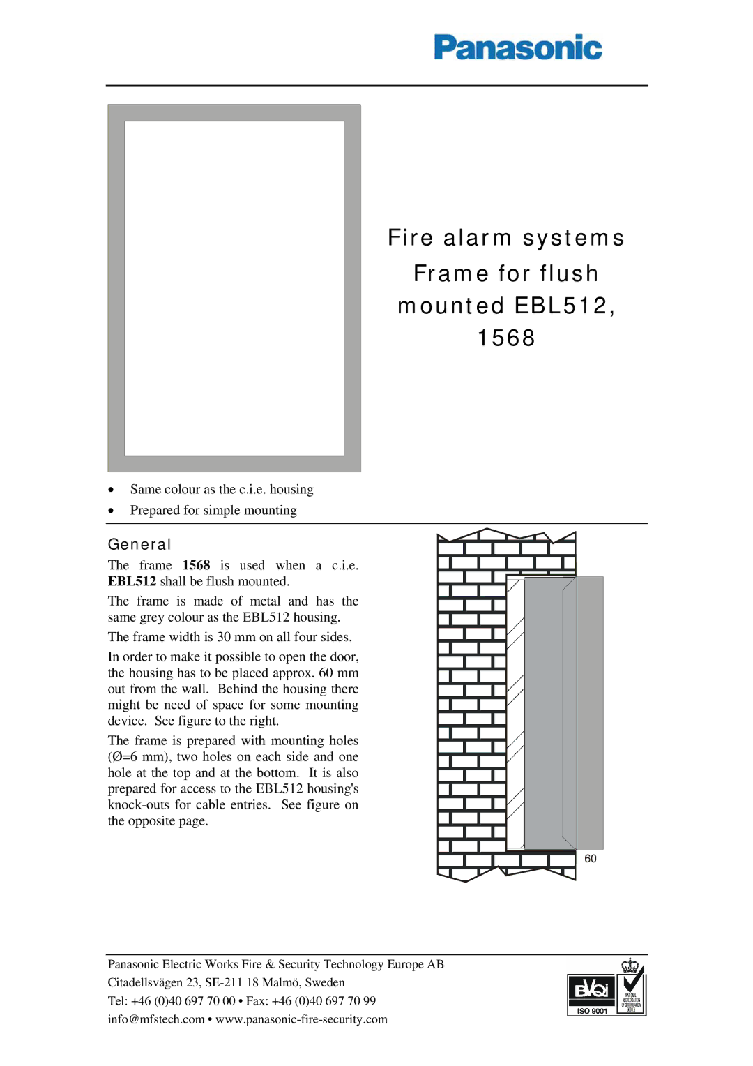 Panasonic manual Fire alarm systems Frame for flush Mounted EBL512 1568, General 