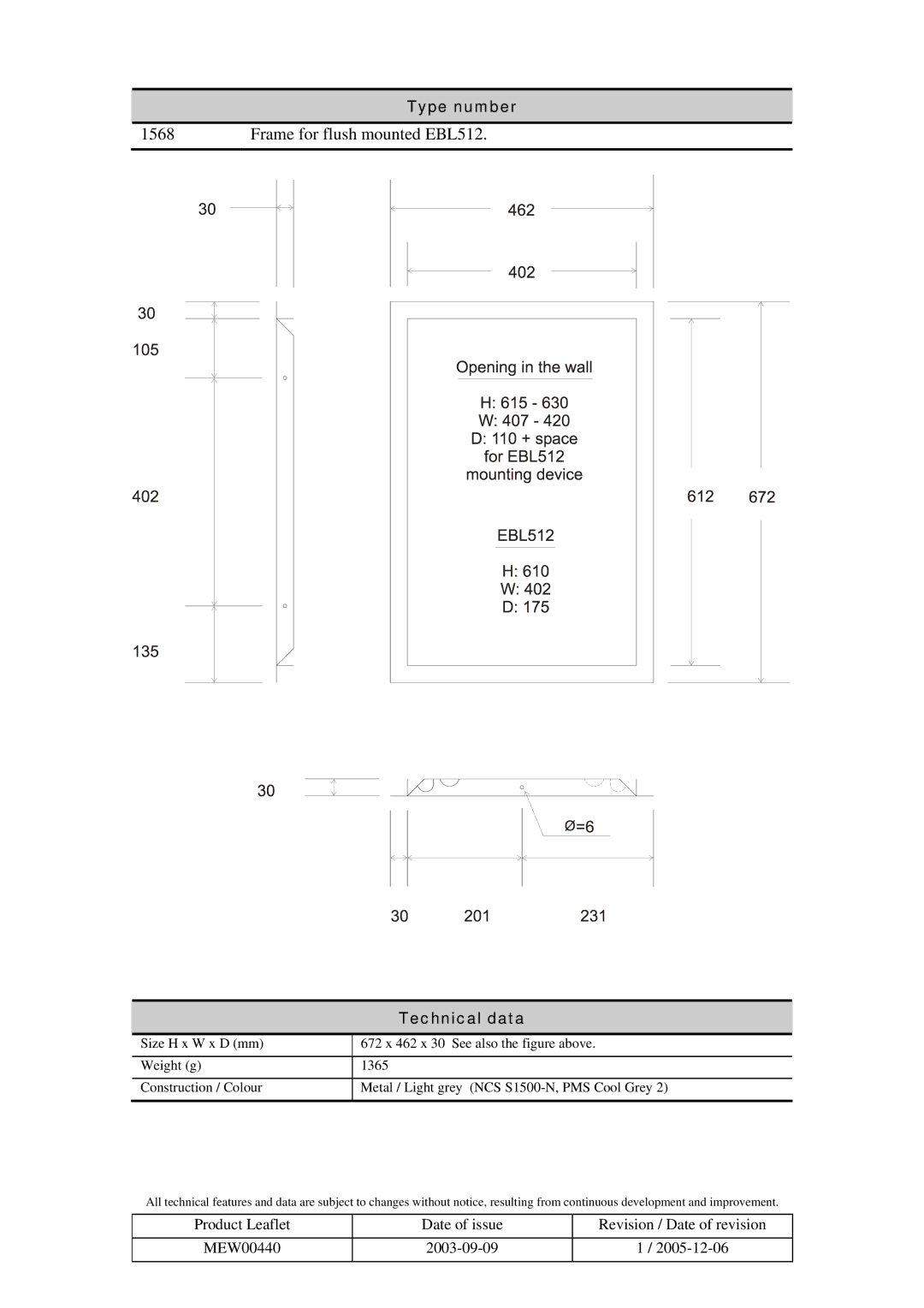 Panasonic 1568 manual Frame for flush mounted EBL512, Type number, Technical data 