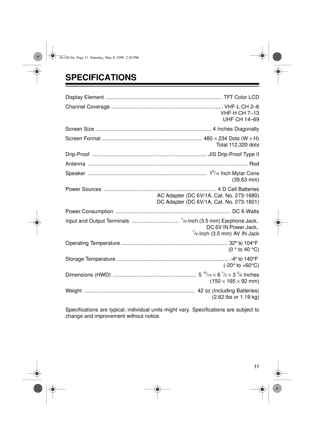 Panasonic 16-185 owner manual Specifications 