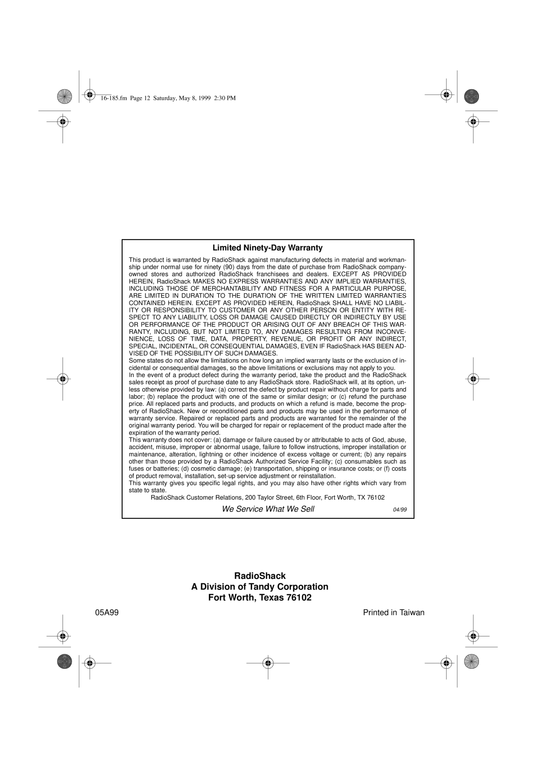 Panasonic 16-185 owner manual RadioShack Division of Tandy Corporation Fort Worth, Texas 