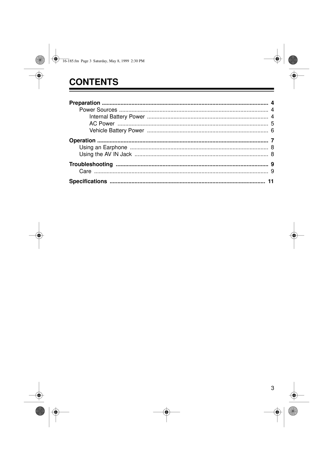 Panasonic 16-185 owner manual Contents 