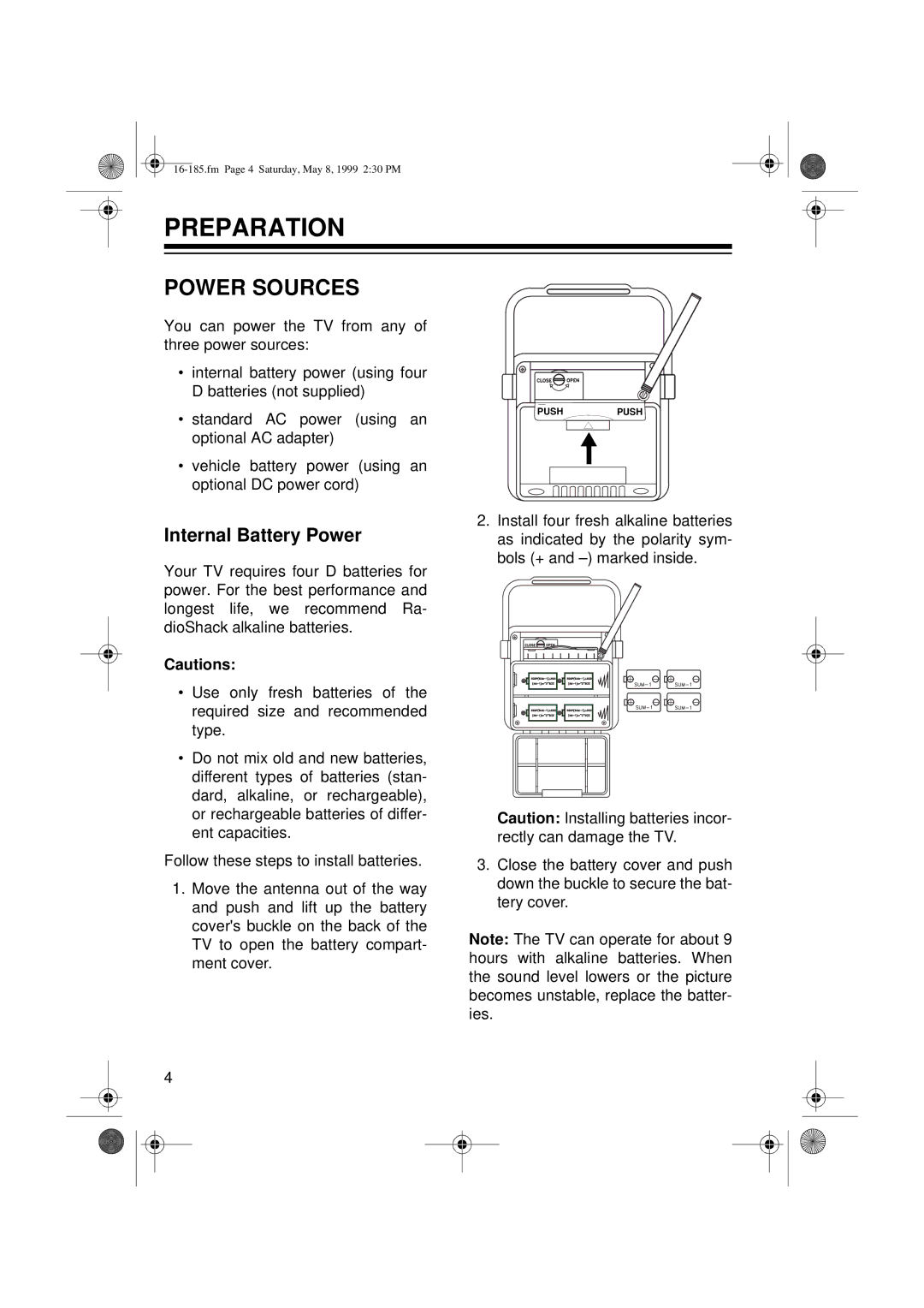 Panasonic 16-185 owner manual Preparation, Power Sources, Internal Battery Power 