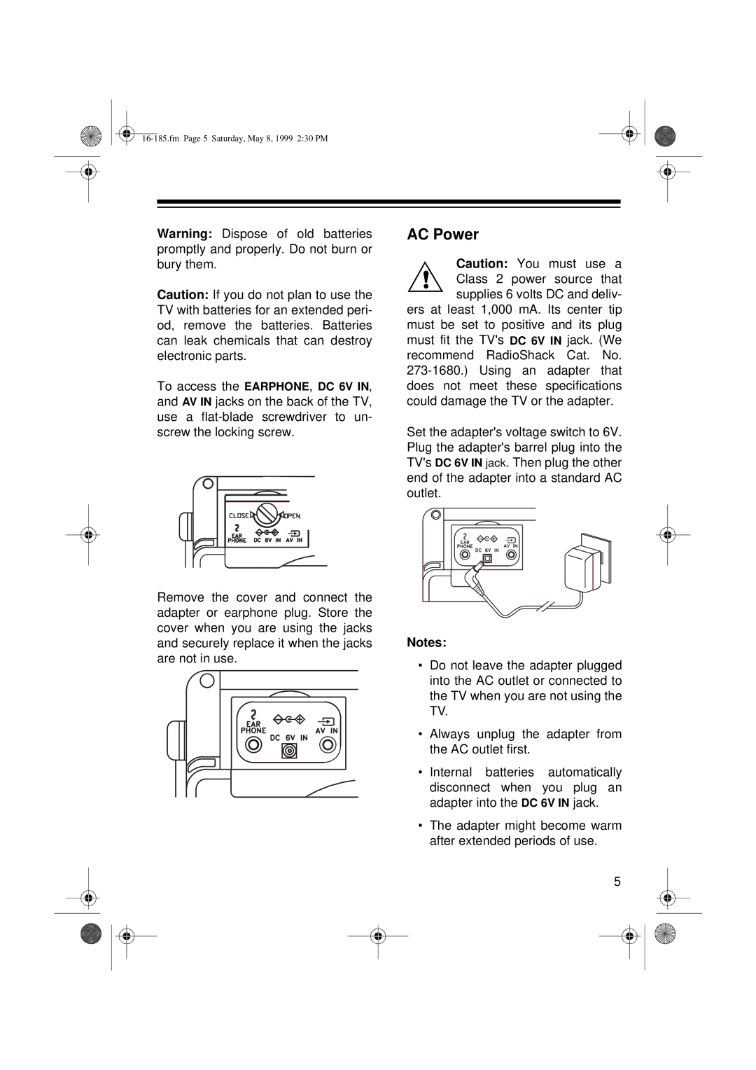 Panasonic 16-185 owner manual AC Power 