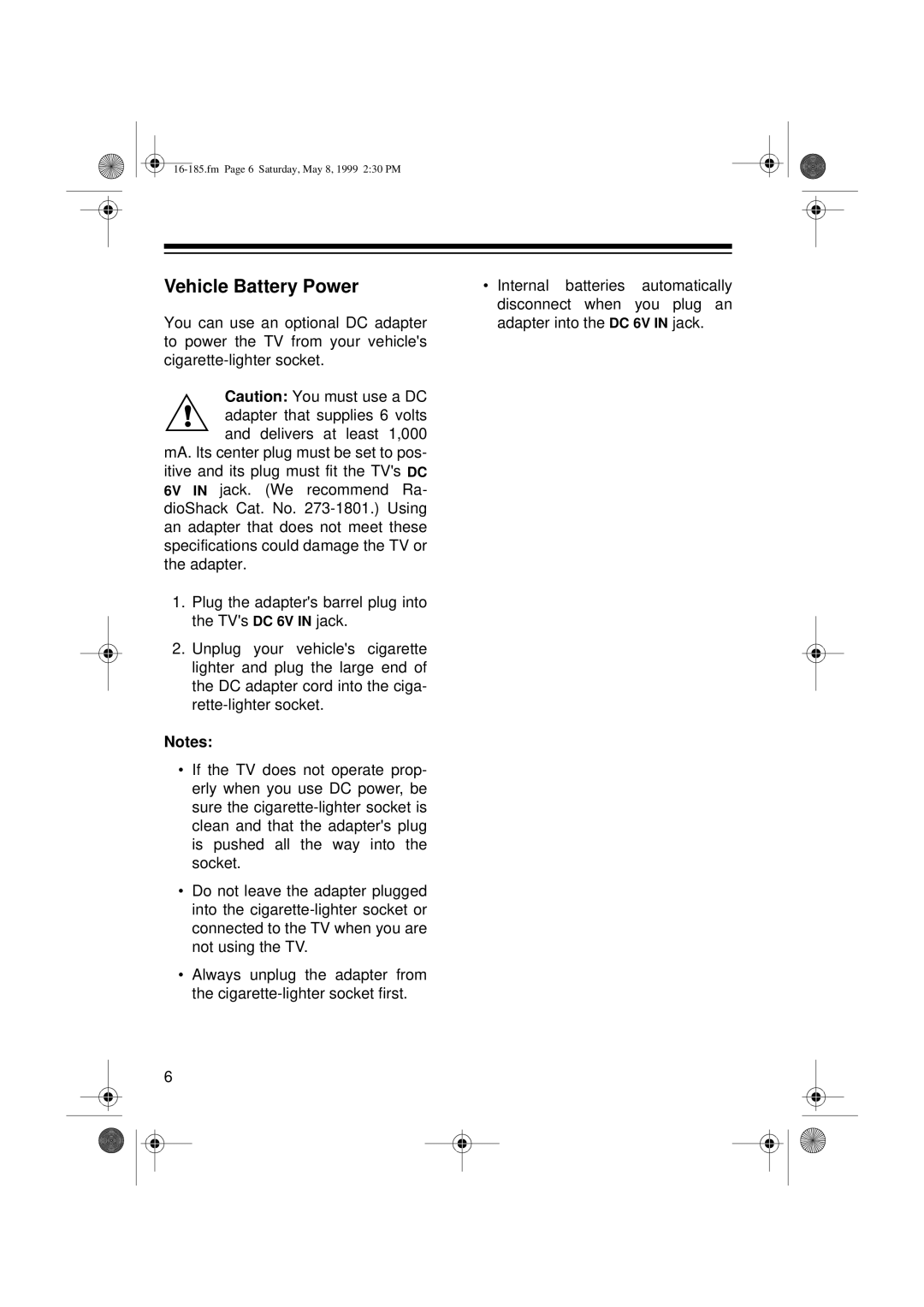 Panasonic 16-185 owner manual Vehicle Battery Power 