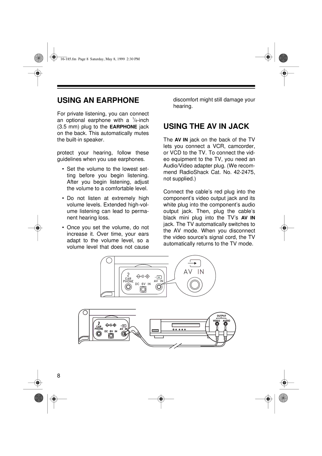 Panasonic 16-185 owner manual Using AN Earphone, Using the AV in Jack 