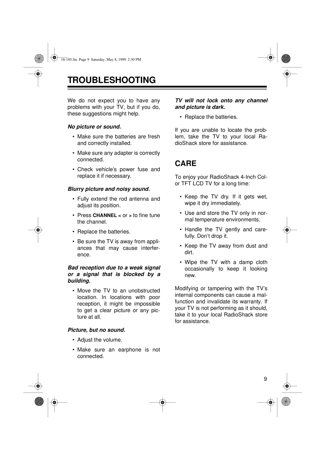 Panasonic 16-185 owner manual Troubleshooting, Care 